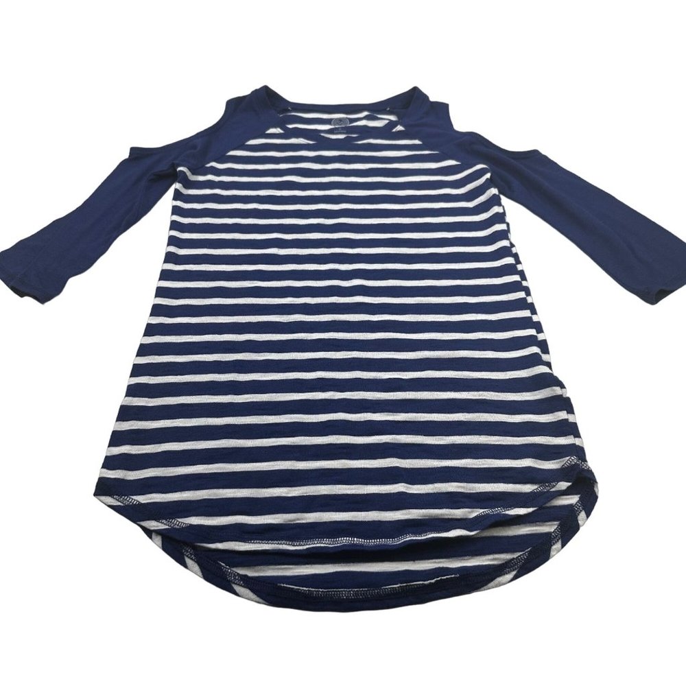 So Women Sz XS Shirt Relaxed Fit Peek-a-boo Shoulders Blue White Stripe Preowned